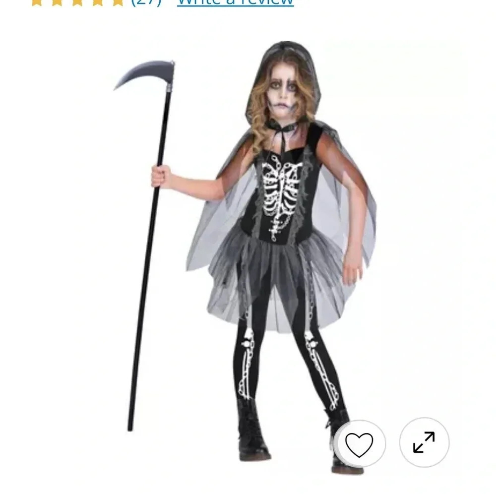 Grim Reaper Costume Size 8-10 Medium black white Dress Leggings Cape girls